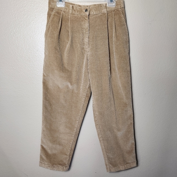 L.L. Bean Womens Petite Khaki Tan High Rise Pleated Corduroy Pants-Size 12P - Picture 1 of 6